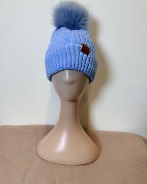 Light Blue Knit Beanie Hat with Faux Fur Pom Pom